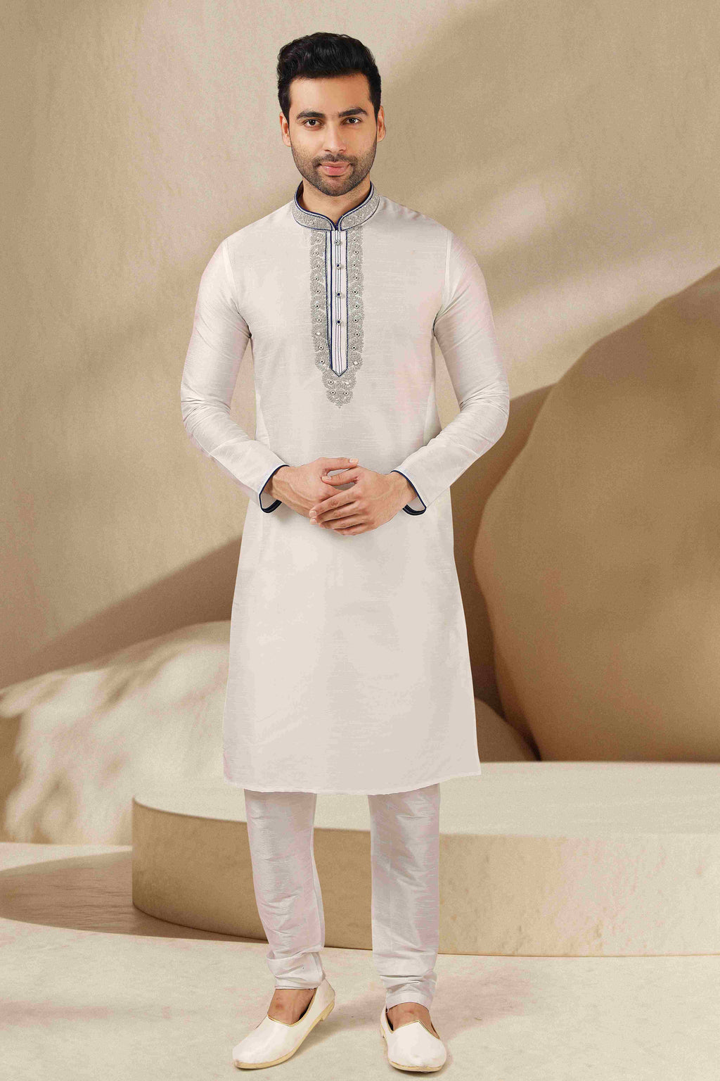 Raivat Ethnic Banarasi Art Silk Mirror Work Kurta Pajama In Off White Colour | Grocsy