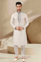 Raivat Ethnic Banarasi Art Silk Mirror Work Kurta Pajama In Off White Colour | Grocsy