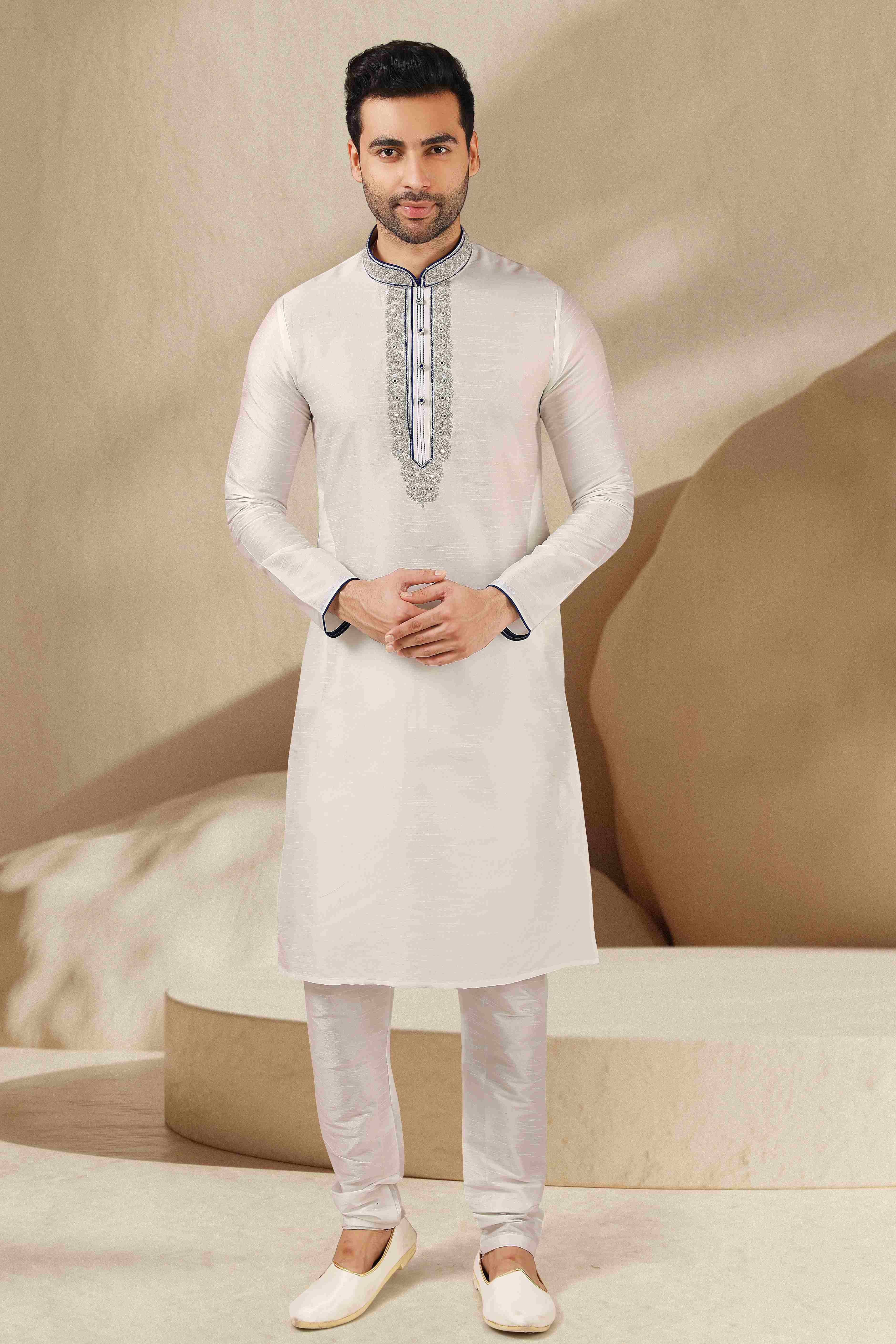 Raivat Ethnic Banarasi Art Silk Mirror Work Kurta Pajama In Off White Colour | Grocsy