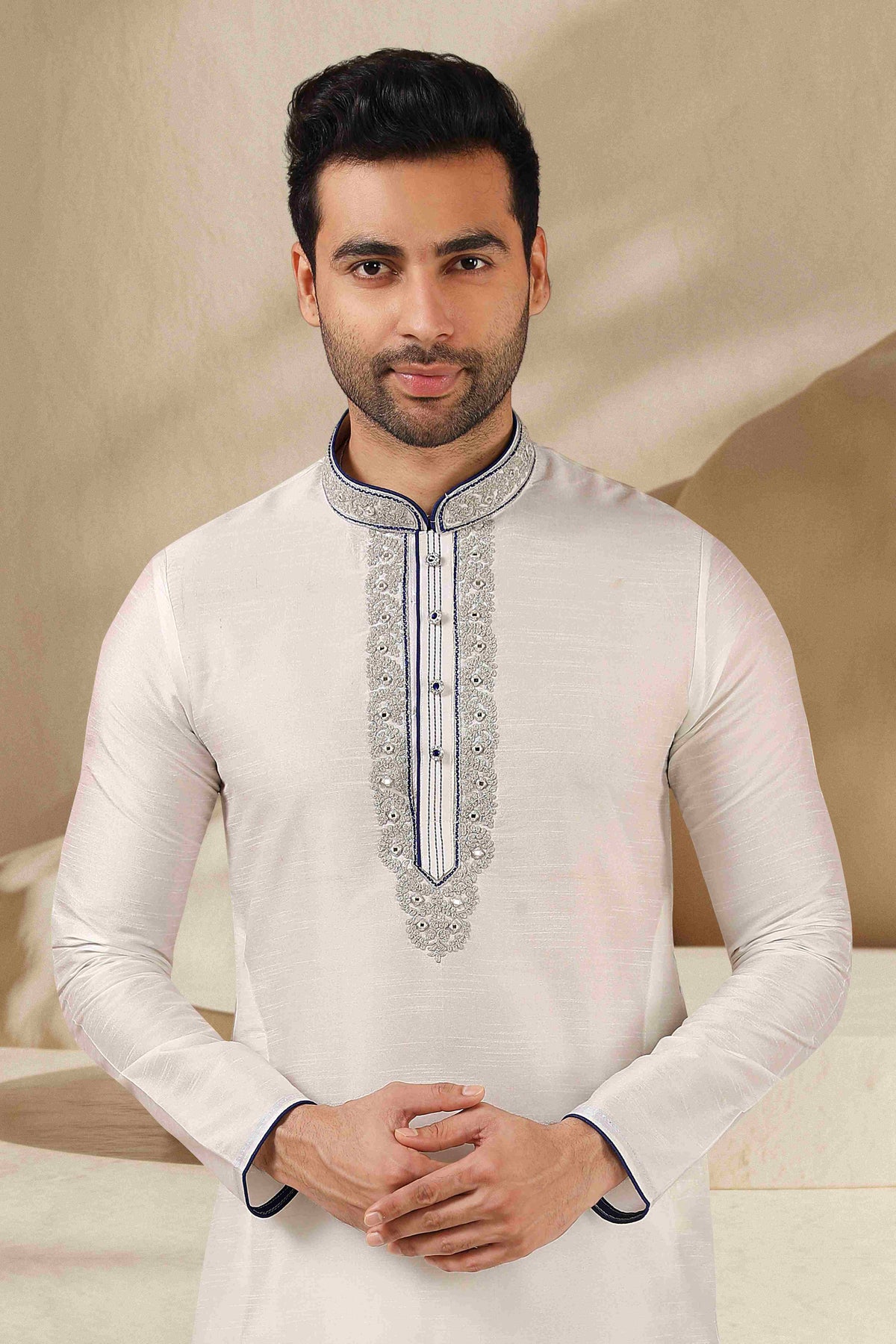 Raivat Ethnic Banarasi Art Silk Mirror Work Kurta Pajama In Off White Colour | Grocsy