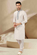 Raivat Ethnic Banarasi Art Silk Mirror Work Kurta Pajama In Off White Colour | Grocsy