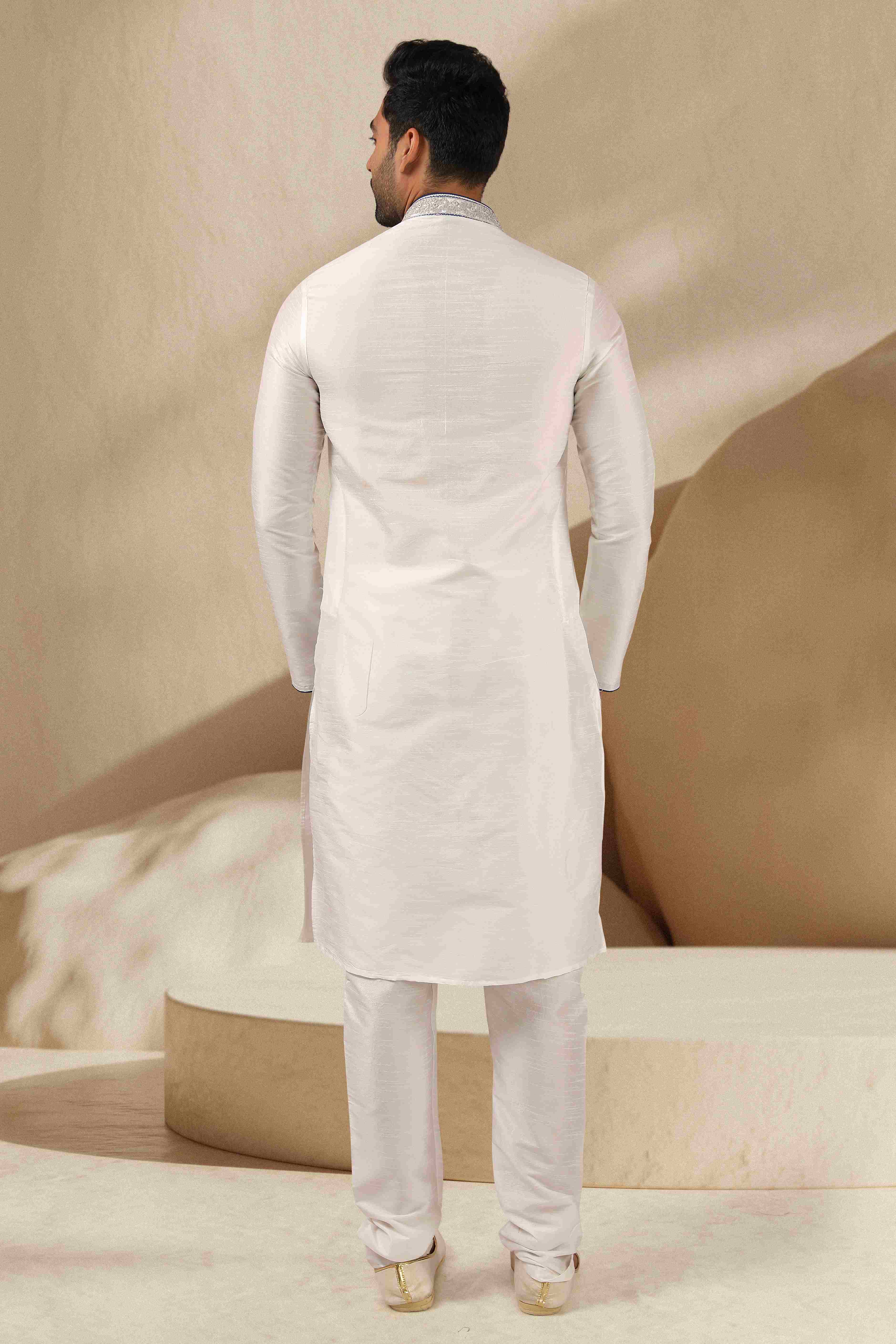 Raivat Ethnic Banarasi Art Silk Mirror Work Kurta Pajama In Off White Colour | Grocsy
