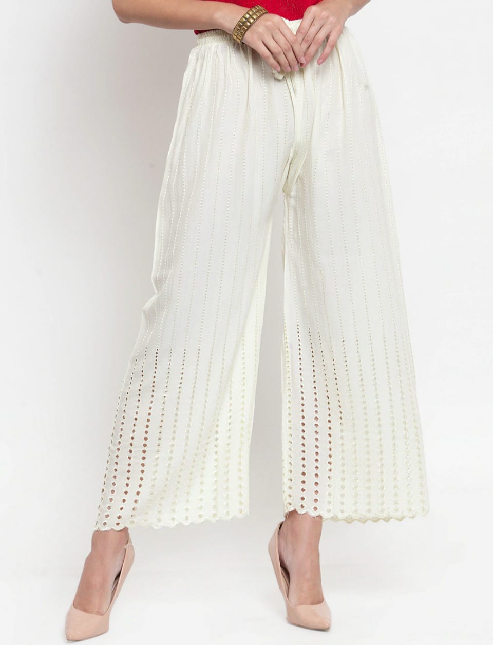 PAVONINE Off-White Color Goti Aari Work Rayon Fabric Palazzo For Women | Grocsy