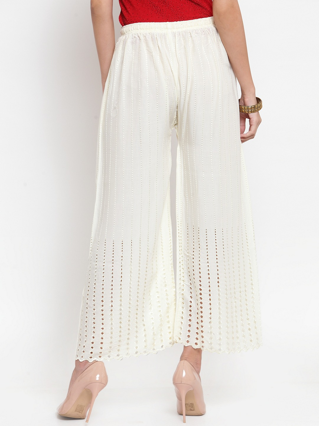 PAVONINE Off-White Color Goti Aari Work Rayon Fabric Palazzo For Women | Grocsy