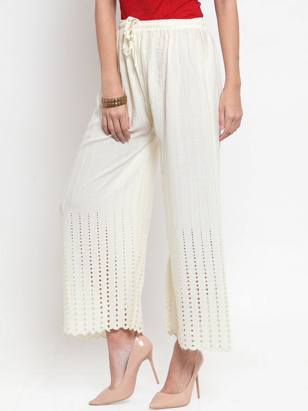 PAVONINE Off-White Color Goti Aari Work Rayon Fabric Palazzo For Women | Grocsy