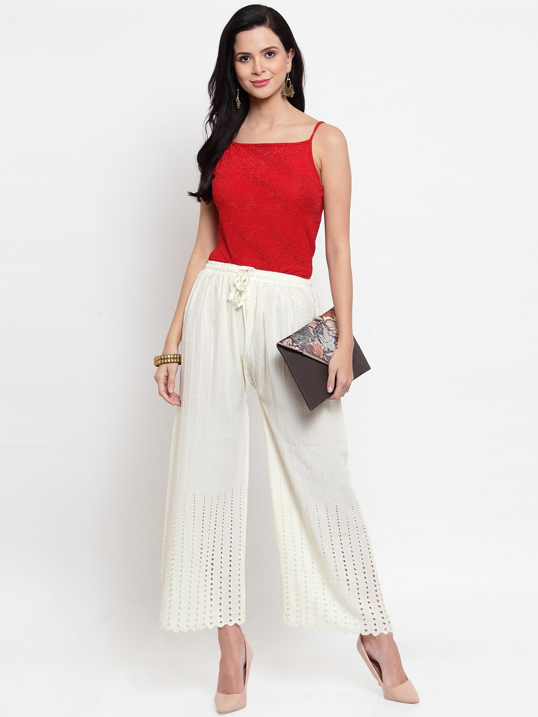 PAVONINE Off-White Color Goti Aari Work Rayon Fabric Palazzo For Women | Grocsy