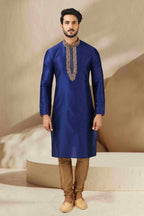 Raivat Ethnic Banarasi Art Silk Mirror Work Kurta Pajama In Blue Colour | Grocsy