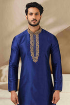 Raivat Ethnic Banarasi Art Silk Mirror Work Kurta Pajama In Blue Colour | Grocsy