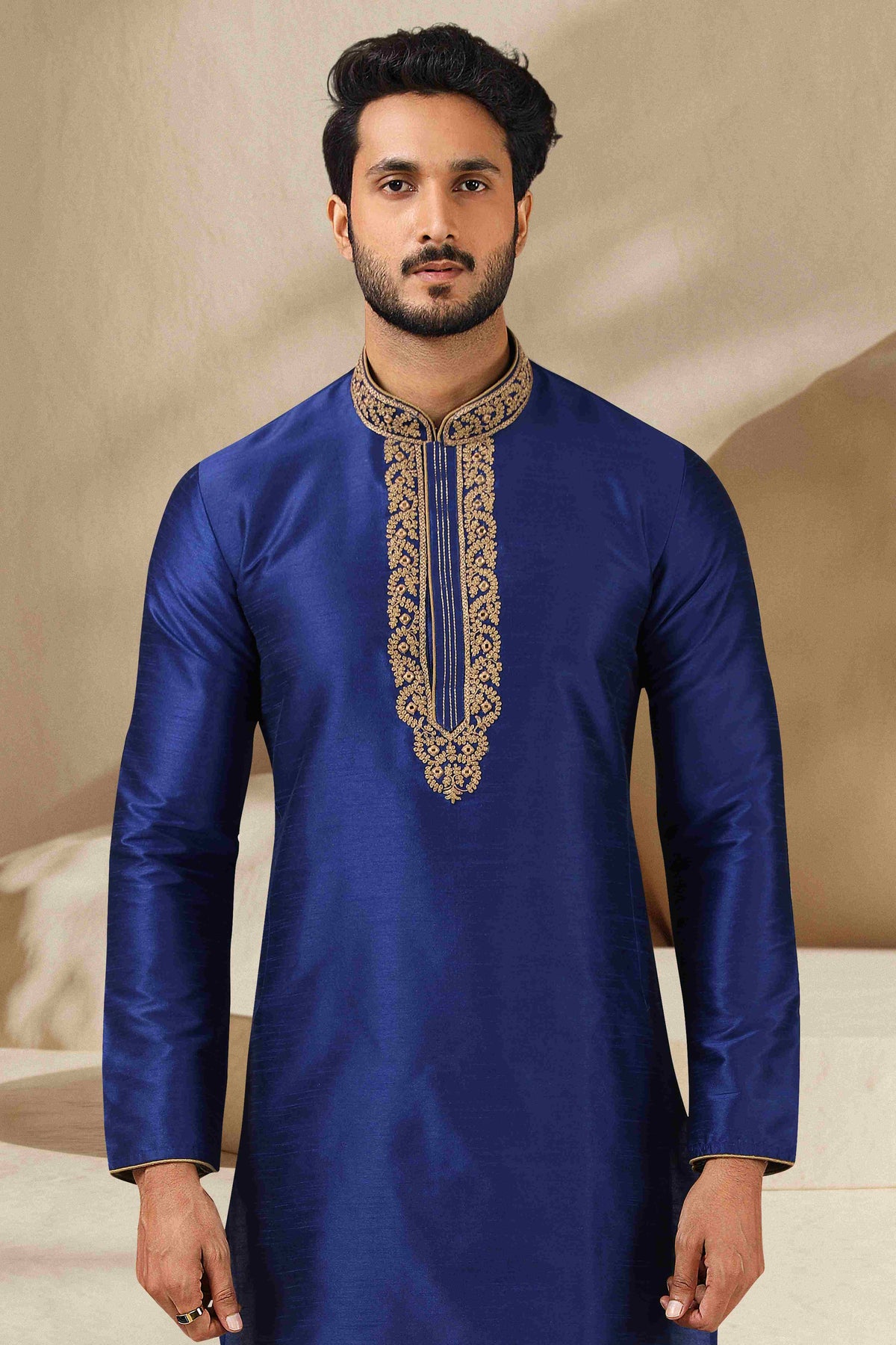 Raivat Ethnic Banarasi Art Silk Mirror Work Kurta Pajama In Blue Colour | Grocsy
