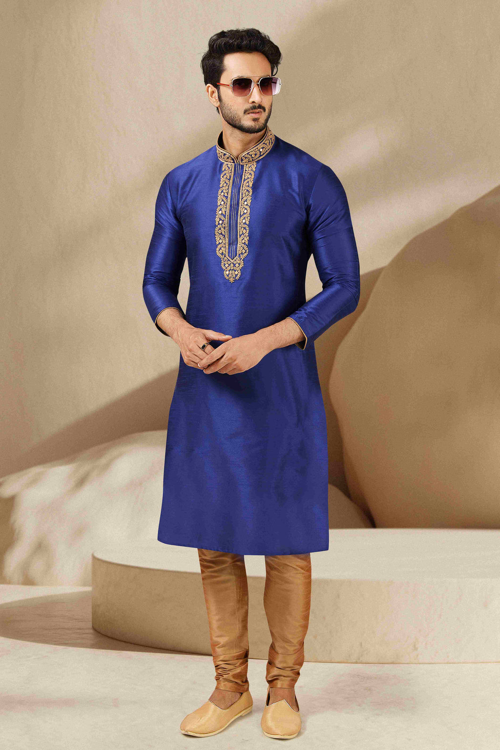 Raivat Ethnic Banarasi Art Silk Mirror Work Kurta Pajama In Blue Colour | Grocsy