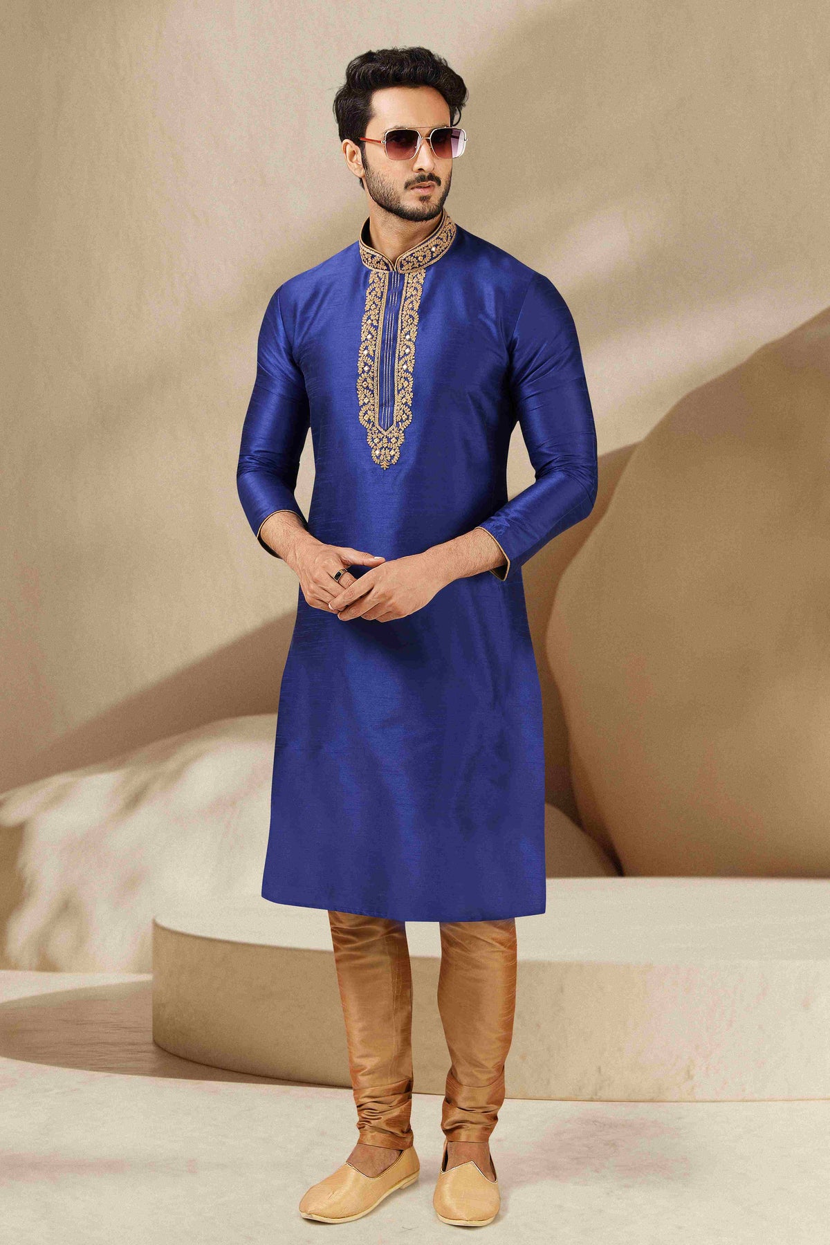 Raivat Ethnic Banarasi Art Silk Mirror Work Kurta Pajama In Blue Colour | Grocsy