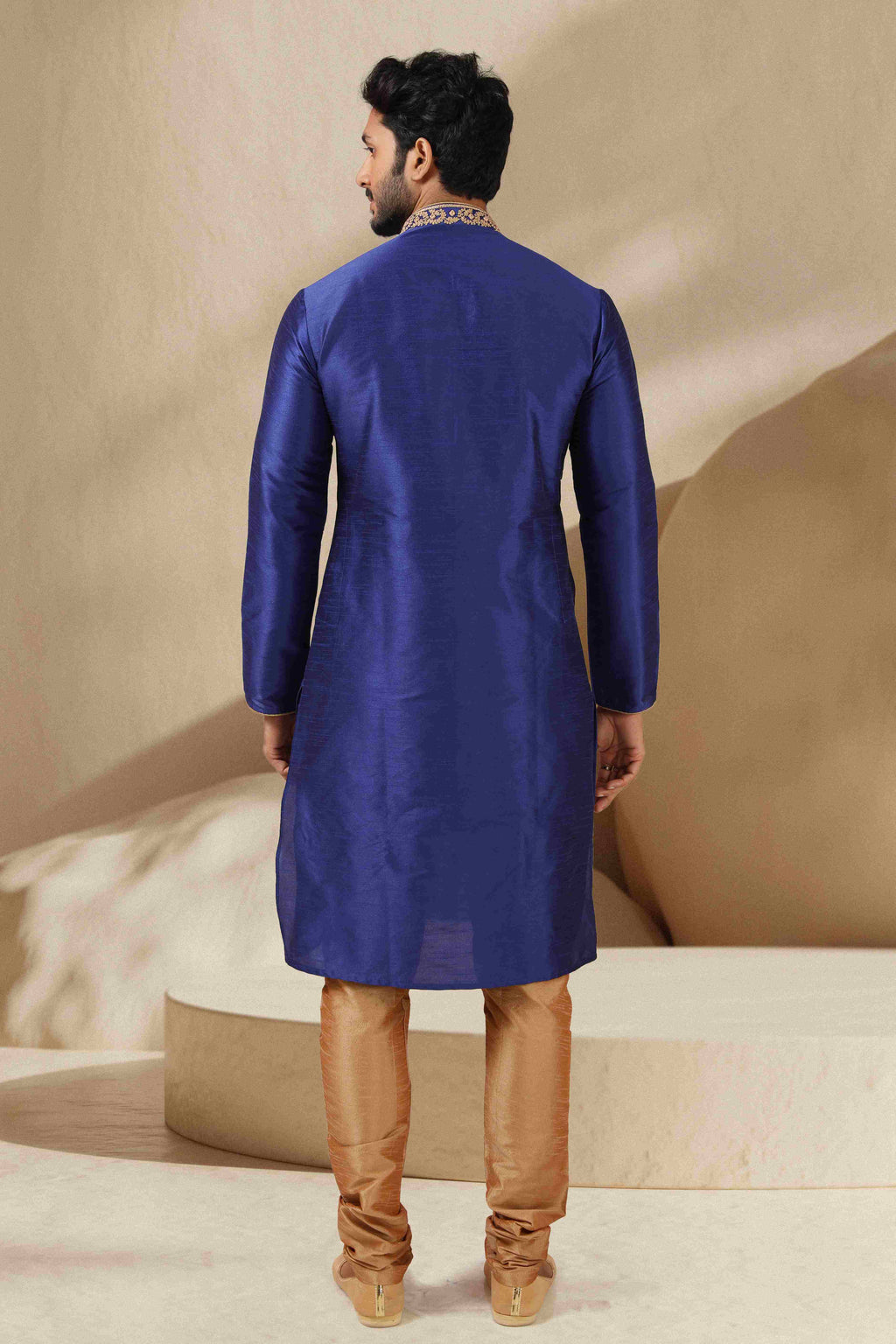 Raivat Ethnic Banarasi Art Silk Mirror Work Kurta Pajama In Blue Colour | Grocsy