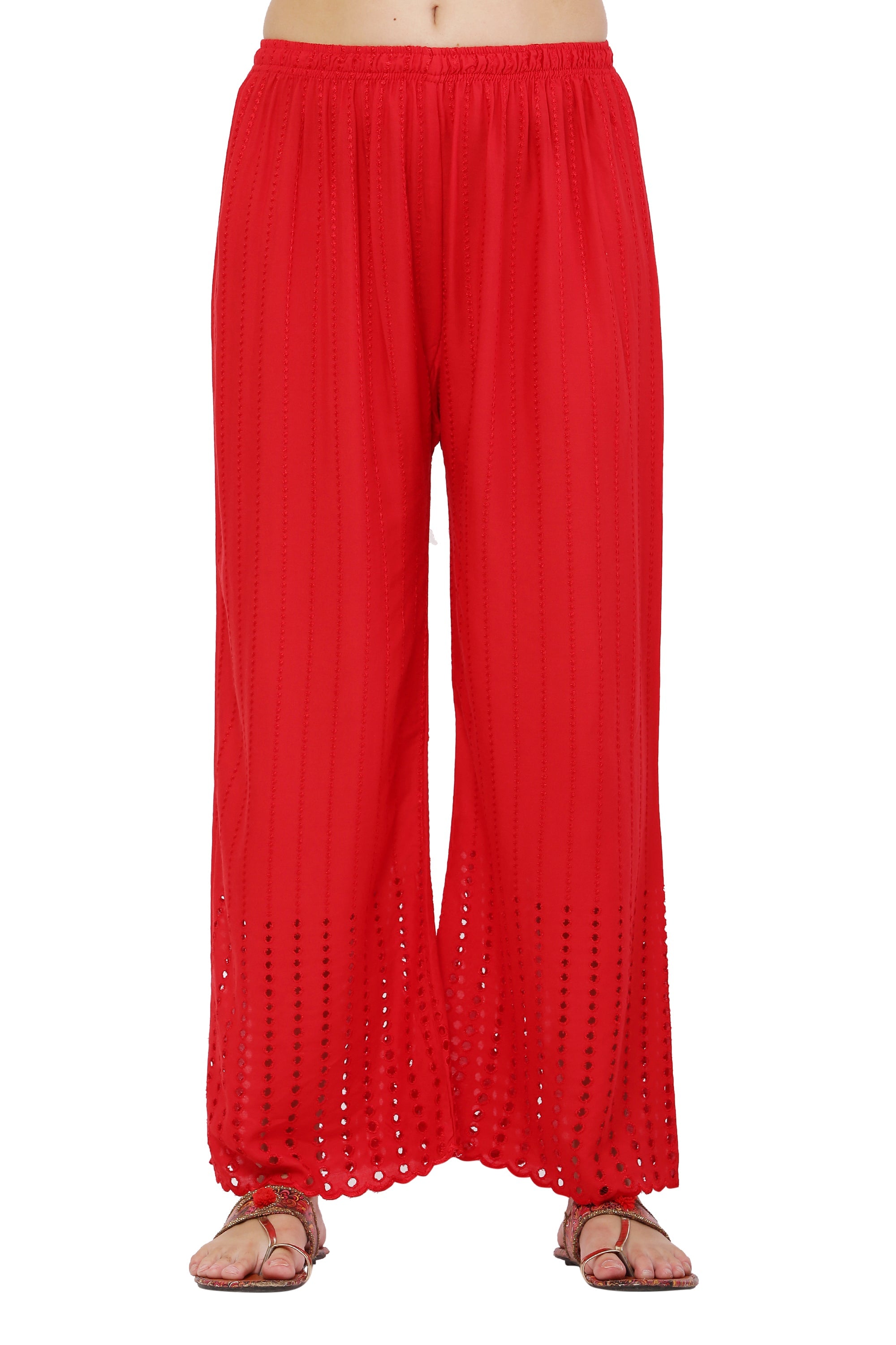 PAVONINE Red Color Goti Aari Work Rayon Fabric Palazzo For Women | Grocsy