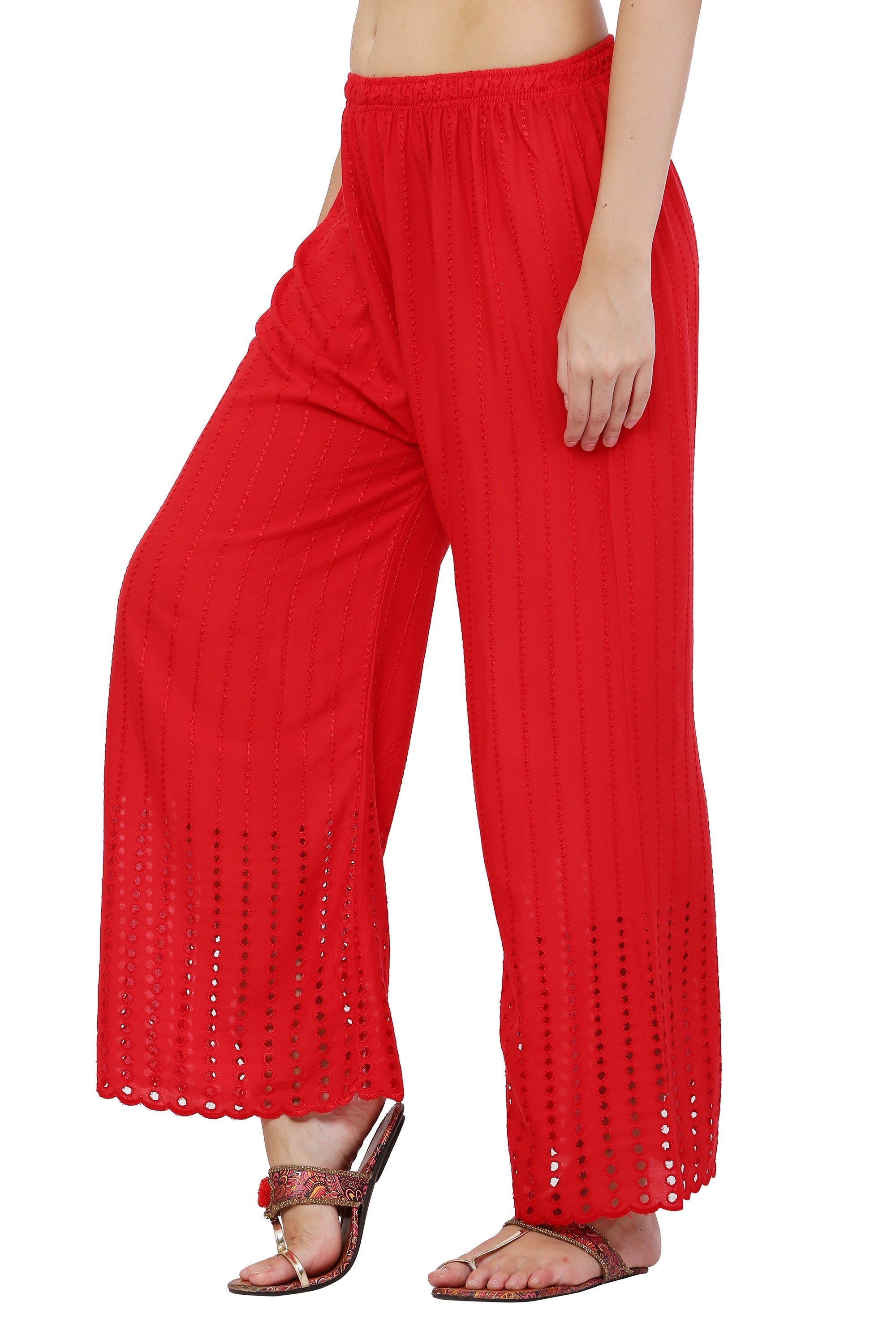 PAVONINE Red Color Goti Aari Work Rayon Fabric Palazzo For Women | Grocsy