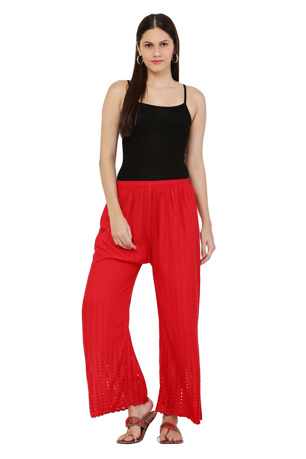 PAVONINE Red Color Goti Aari Work Rayon Fabric Palazzo For Women | Grocsy