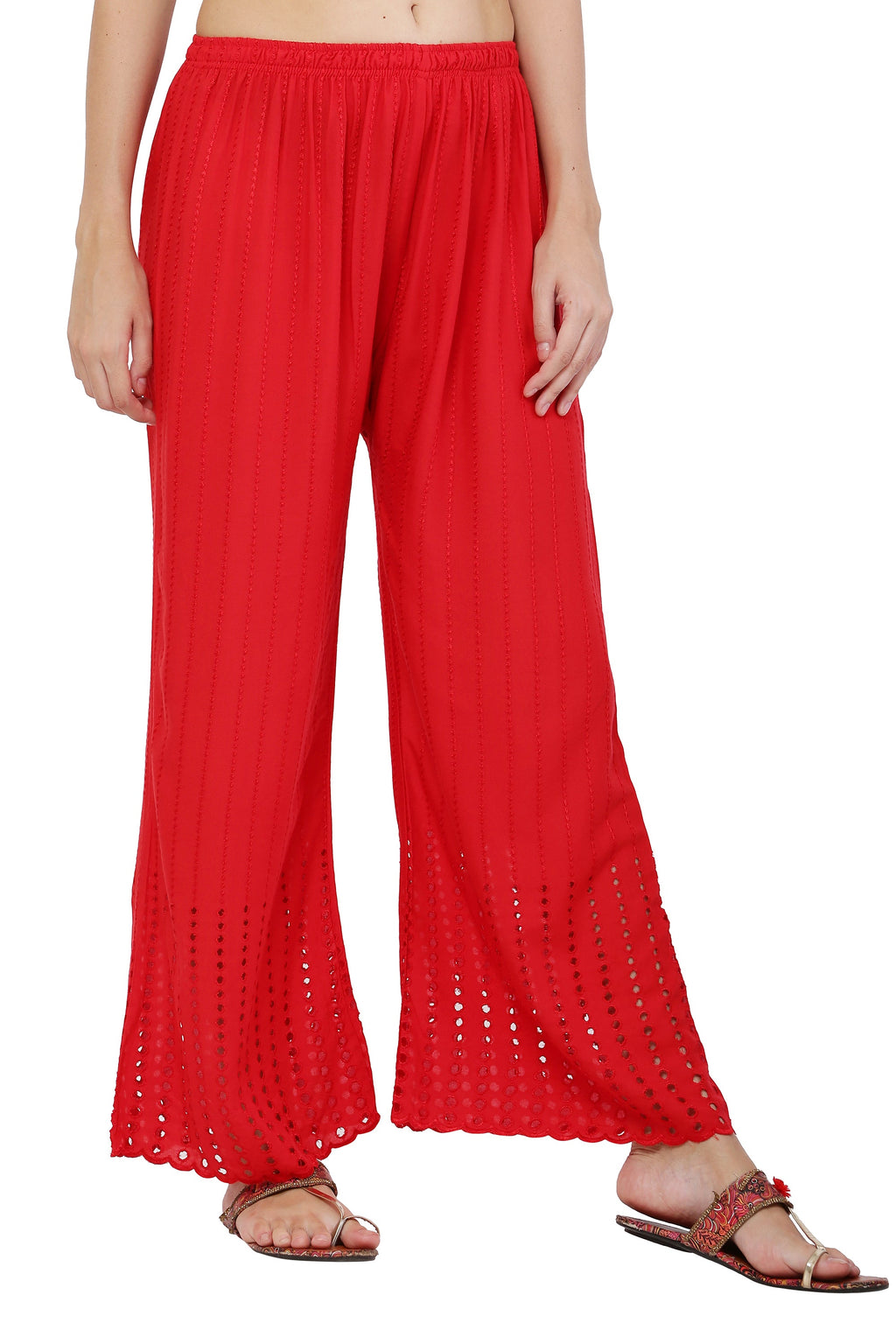 PAVONINE Red Color Goti Aari Work Rayon Fabric Palazzo For Women | Grocsy