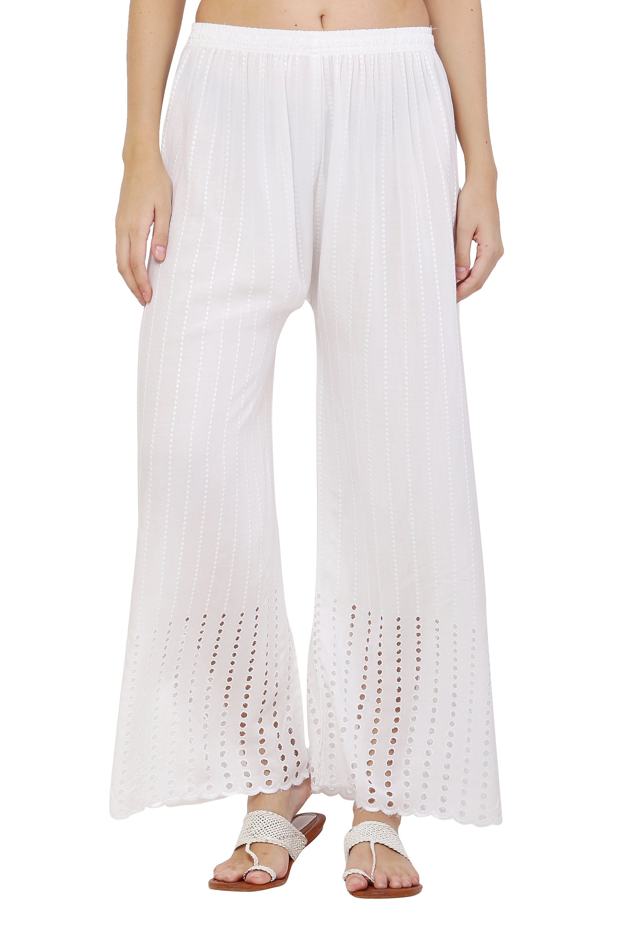PAVONINE White Color Goti Aari Work Rayon Fabric Palazzo For Women | Grocsy