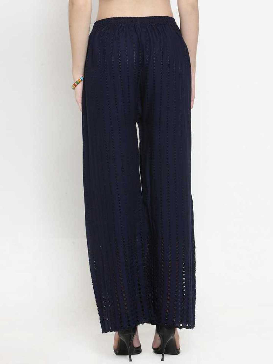 PAVONINE Navy Blue Color Goti Aari Work Rayon Fabric Palazzo For Women | Grocsy