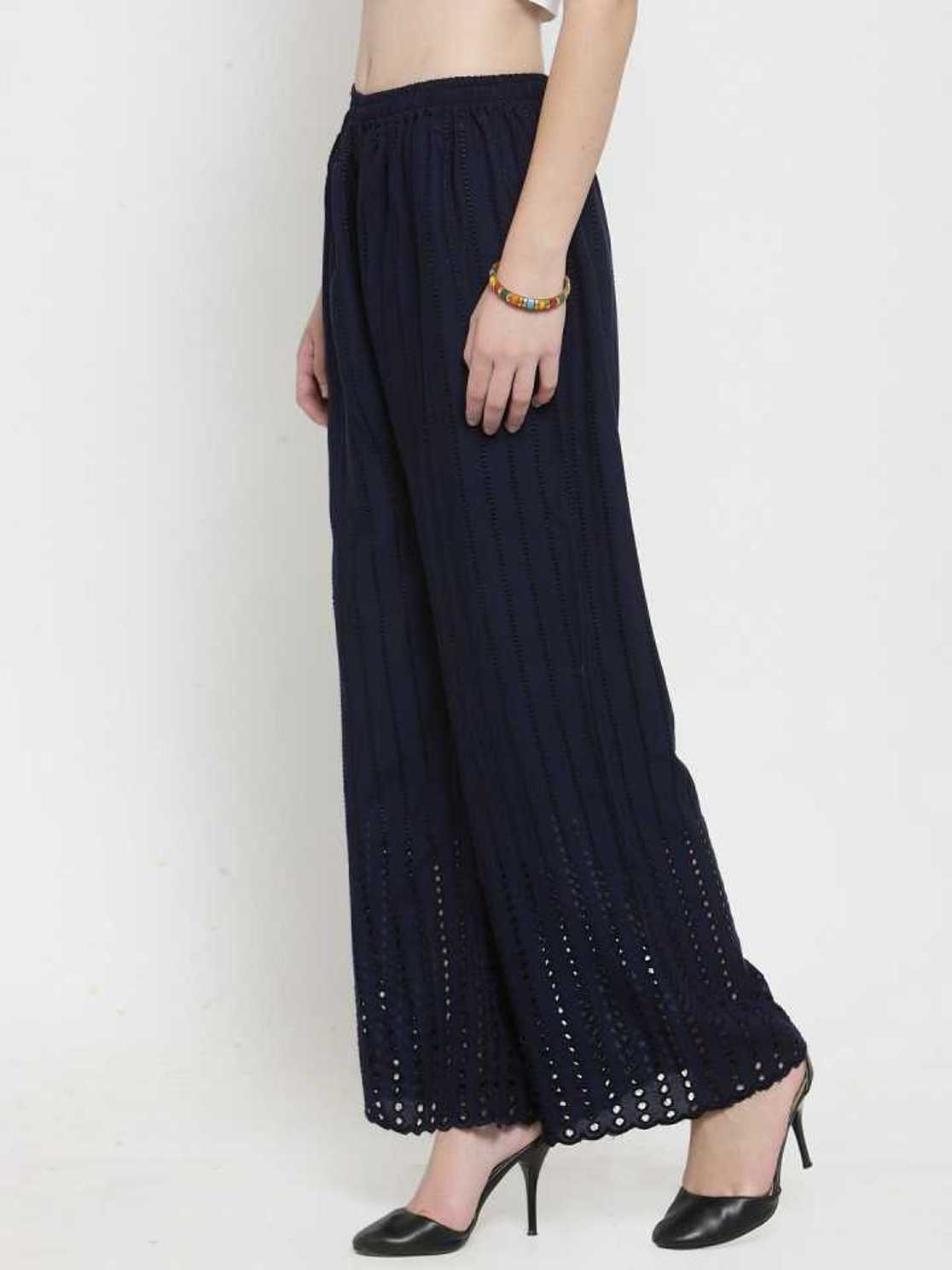 PAVONINE Navy Blue Color Goti Aari Work Rayon Fabric Palazzo For Women | Grocsy