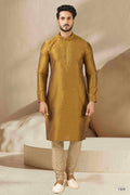 Raivat Ethnic Banarasi Art Silk Mirror Work Kurta Pajama In Gold Colour | Grocsy