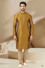 Raivat Ethnic Banarasi Art Silk Mirror Work Kurta Pajama In Gold Colour | Grocsy