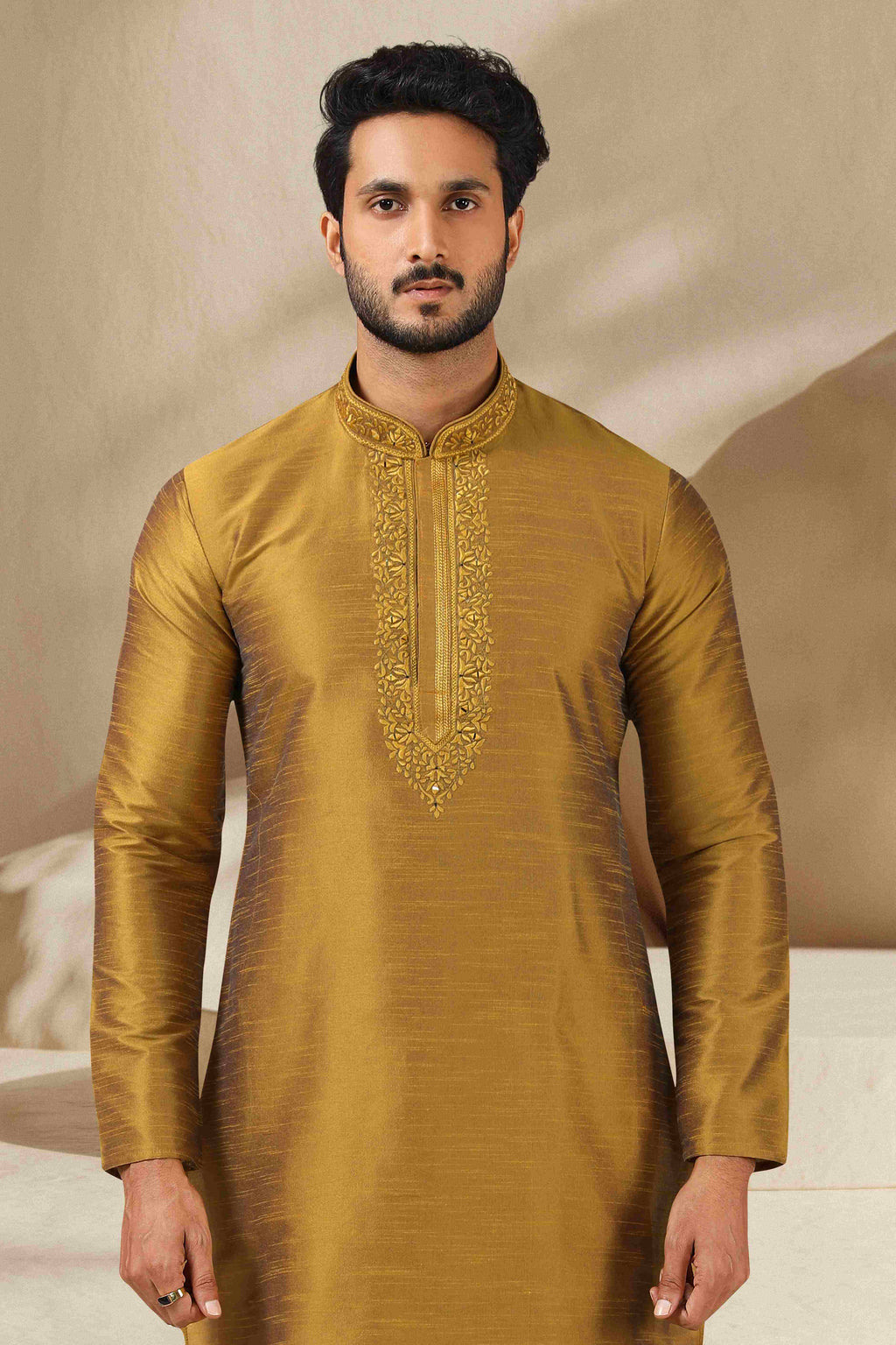 Raivat Ethnic Banarasi Art Silk Mirror Work Kurta Pajama In Gold Colour | Grocsy