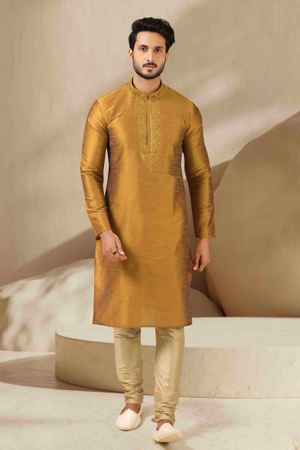 Raivat Ethnic Banarasi Art Silk Mirror Work Kurta Pajama In Gold Colour | Grocsy
