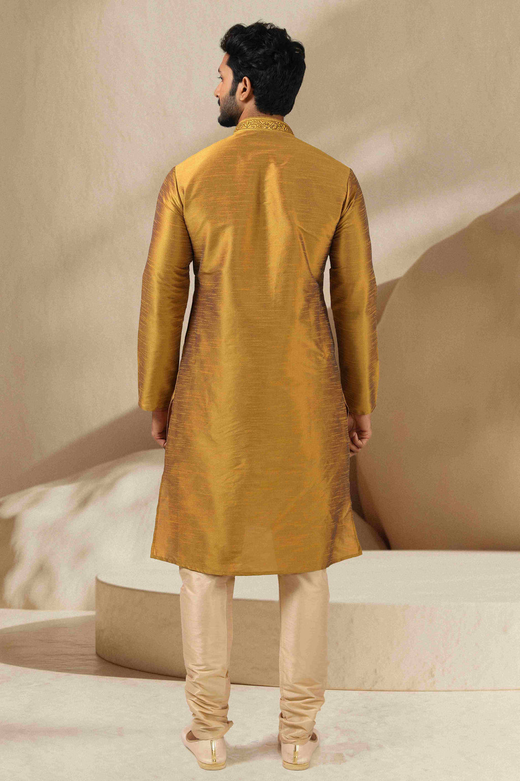 Raivat Ethnic Banarasi Art Silk Mirror Work Kurta Pajama In Gold Colour | Grocsy