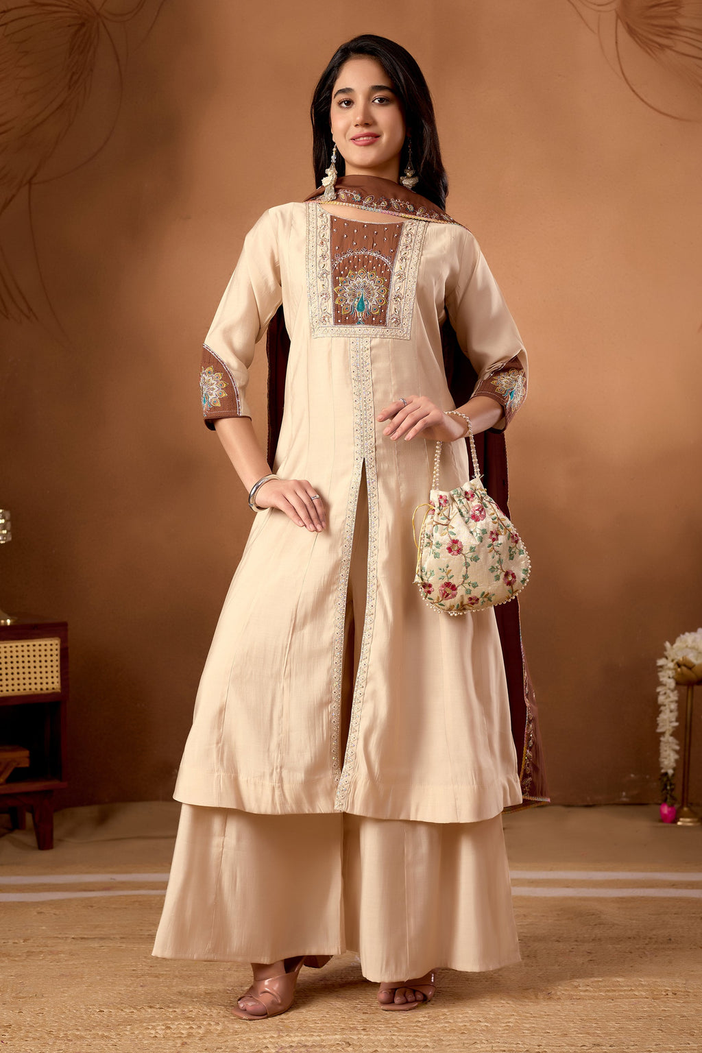 Lorenvalley Fashion Cream Roman Silk Multi Embroidery Thread With Beautiful Hand Work Kurta Palazzo Dupatta | Grocsy