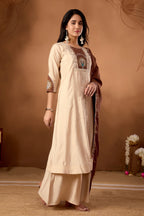 Lorenvalley Fashion Cream Roman Silk Multi Embroidery Thread With Beautiful Hand Work Kurta Palazzo Dupatta | Grocsy
