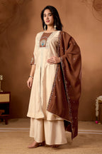 Lorenvalley Fashion Cream Roman Silk Multi Embroidery Thread With Beautiful Hand Work Kurta Palazzo Dupatta | Grocsy