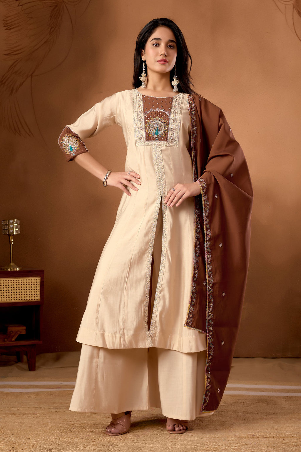 Lorenvalley Fashion Cream Roman Silk Multi Embroidery Thread With Beautiful Hand Work Kurta Palazzo Dupatta | Grocsy