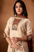 Lorenvalley Fashion Cream Roman Silk Multi Embroidery Thread With Beautiful Hand Work Kurta Palazzo Dupatta | Grocsy