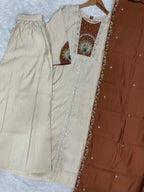 Lorenvalley Fashion Cream Roman Silk Multi Embroidery Thread With Beautiful Hand Work Kurta Palazzo Dupatta | Grocsy