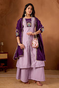 Lorenvalley Fashion Lavender Roman Silk Multi Embroidery Thread With Beautiful Hand Work Kurta Palazzo Dupatta | Grocsy