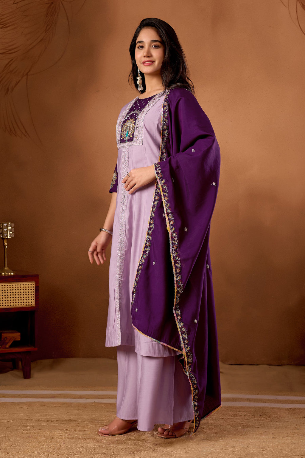 Lorenvalley Fashion Lavender Roman Silk Multi Embroidery Thread With Beautiful Hand Work Kurta Palazzo Dupatta | Grocsy