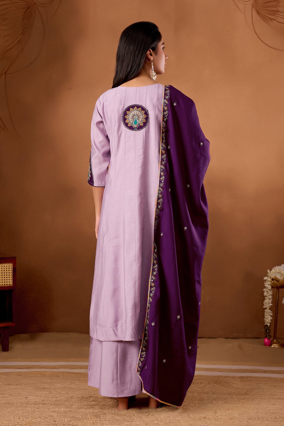 Lorenvalley Fashion Lavender Roman Silk Multi Embroidery Thread With Beautiful Hand Work Kurta Palazzo Dupatta | Grocsy