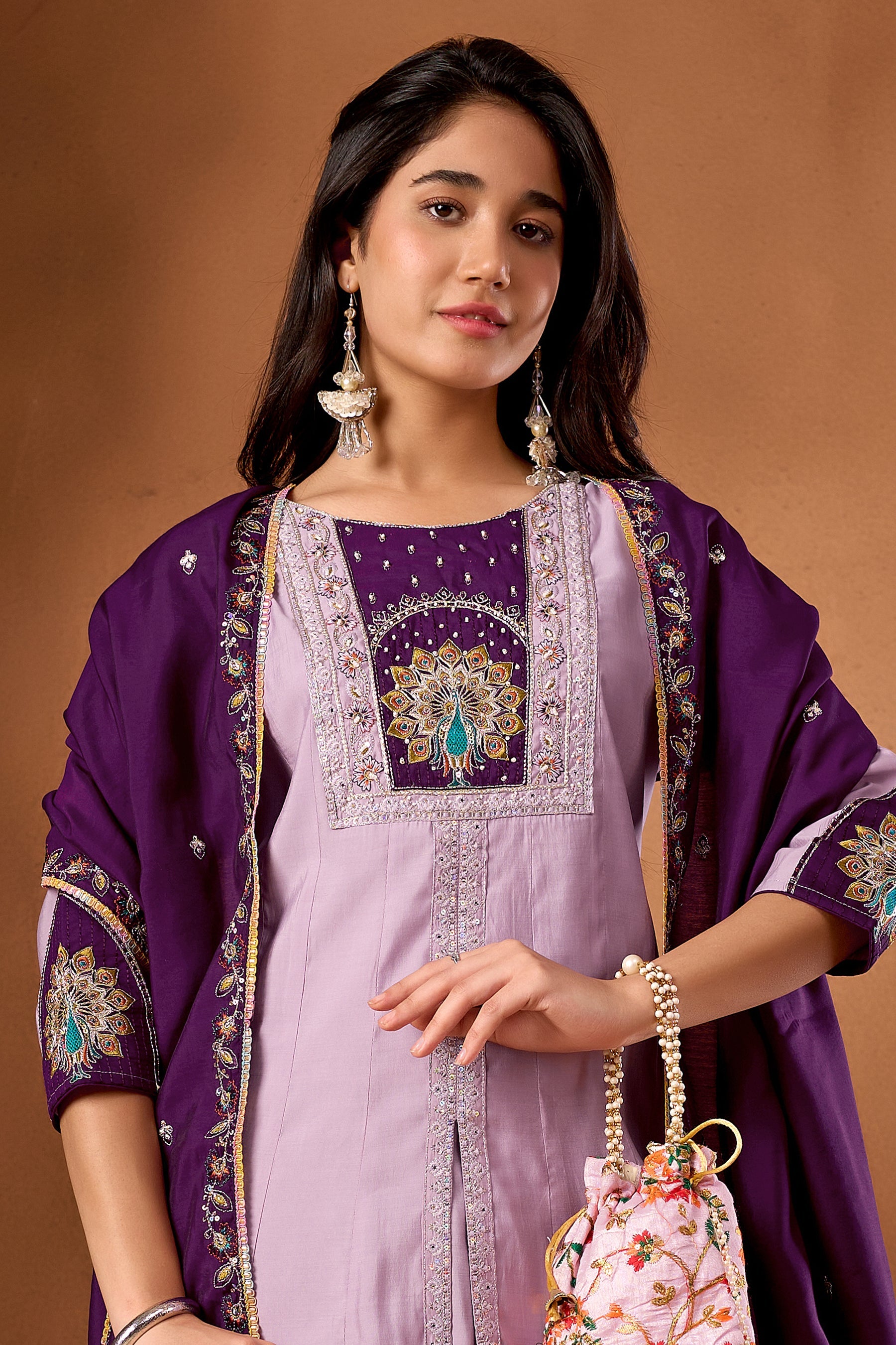Lorenvalley Fashion Lavender Roman Silk Multi Embroidery Thread With Beautiful Hand Work Kurta Palazzo Dupatta | Grocsy