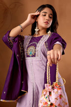 Lorenvalley Fashion Lavender Roman Silk Multi Embroidery Thread With Beautiful Hand Work Kurta Palazzo Dupatta | Grocsy