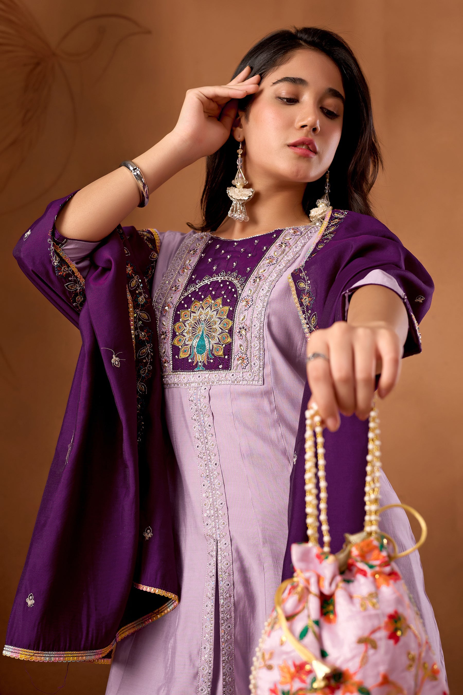 Lorenvalley Fashion Lavender Roman Silk Multi Embroidery Thread With Beautiful Hand Work Kurta Palazzo Dupatta | Grocsy