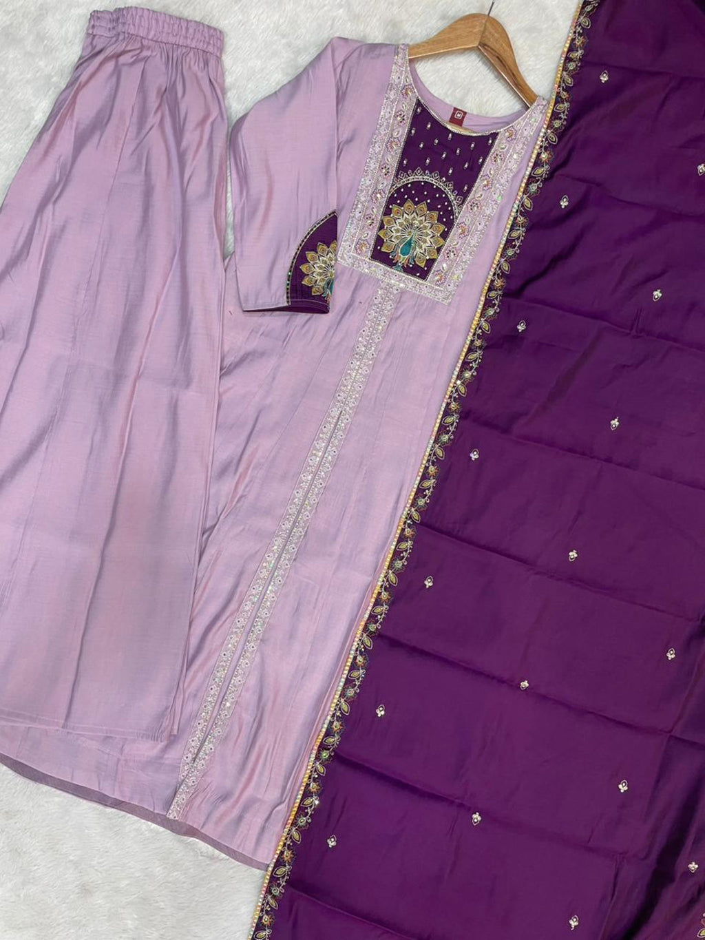 Lorenvalley Fashion Lavender Roman Silk Multi Embroidery Thread With Beautiful Hand Work Kurta Palazzo Dupatta | Grocsy