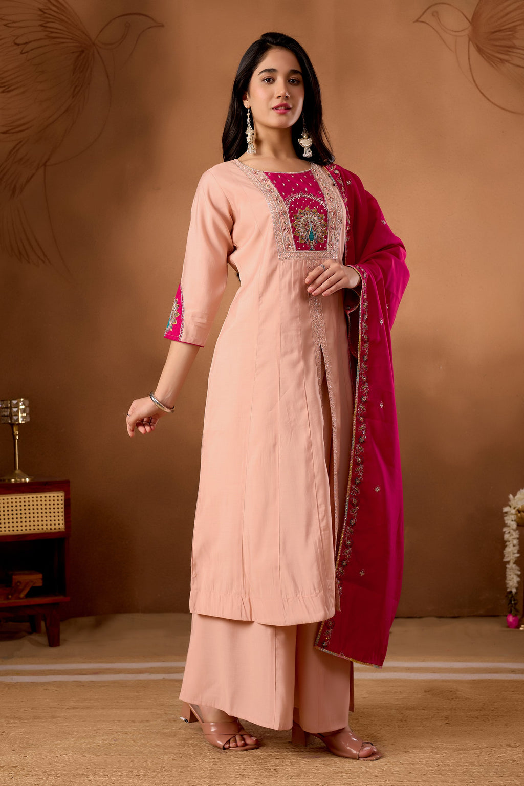 Lorenvalley Fashion Peach Roman Silk Multi Embroidery Thread With Beautiful Hand Work Kurta Palazzo Dupatta | Grocsy