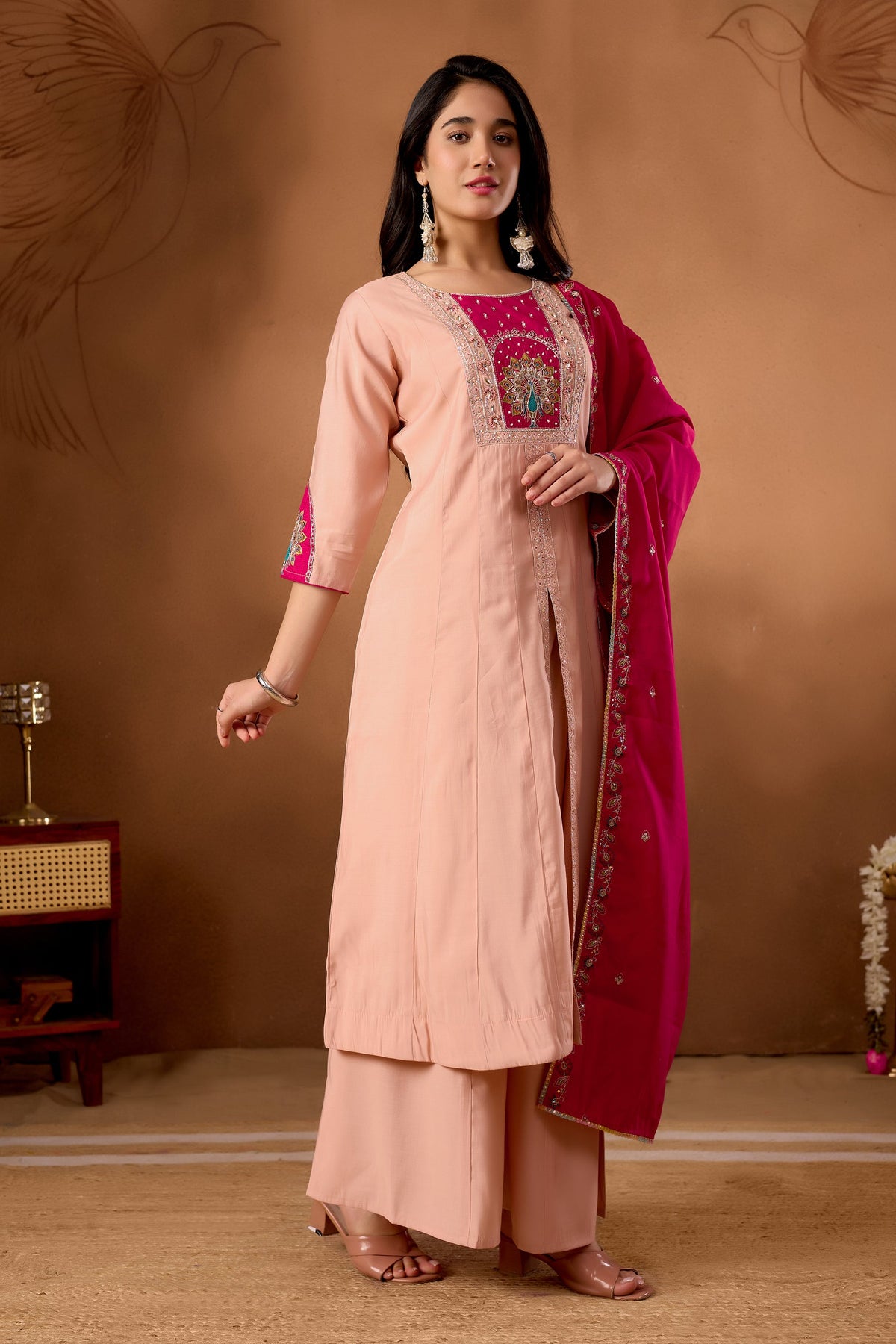 Lorenvalley Fashion Peach Roman Silk Multi Embroidery Thread With Beautiful Hand Work Kurta Palazzo Dupatta | Grocsy