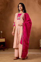 Lorenvalley Fashion Peach Roman Silk Multi Embroidery Thread With Beautiful Hand Work Kurta Palazzo Dupatta | Grocsy