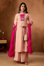 Lorenvalley Fashion Peach Roman Silk Multi Embroidery Thread With Beautiful Hand Work Kurta Palazzo Dupatta | Grocsy