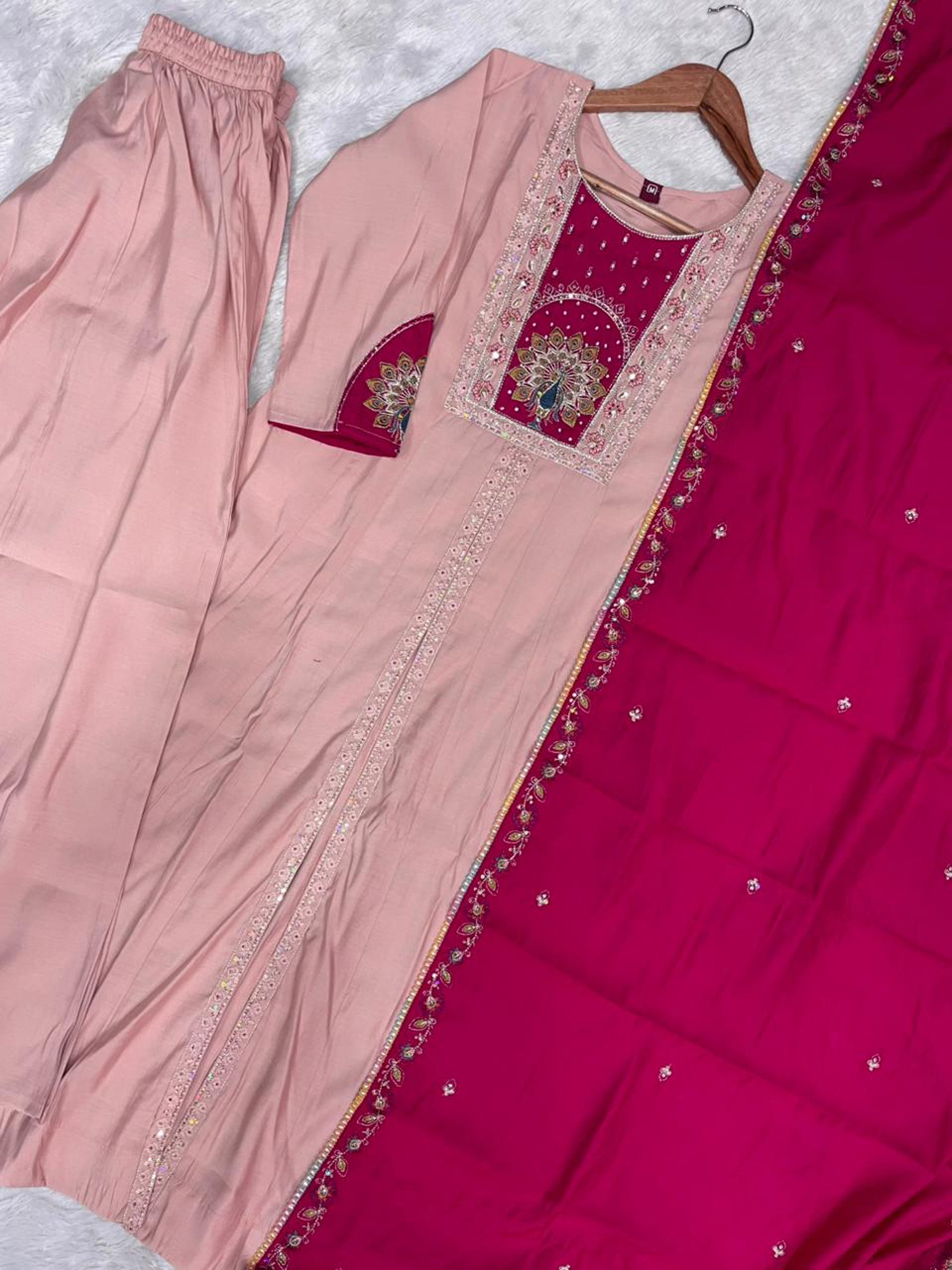 Lorenvalley Fashion Peach Roman Silk Multi Embroidery Thread With Beautiful Hand Work Kurta Palazzo Dupatta | Grocsy