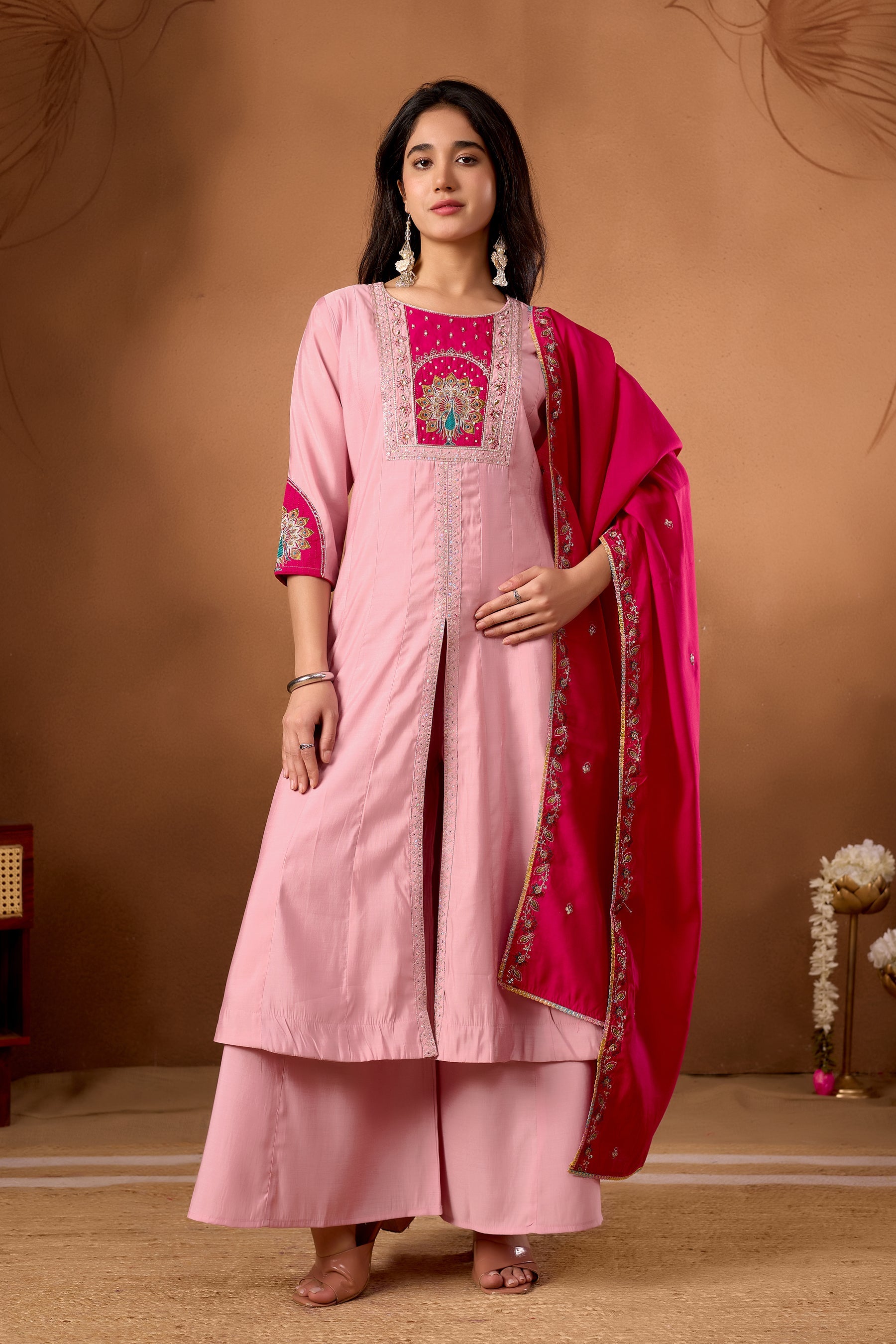 Lorenvalley Fashion Pink Roman Silk Multi Embroidery Thread With Beautiful Hand Work Kurta Palazzo Dupatta | Grocsy