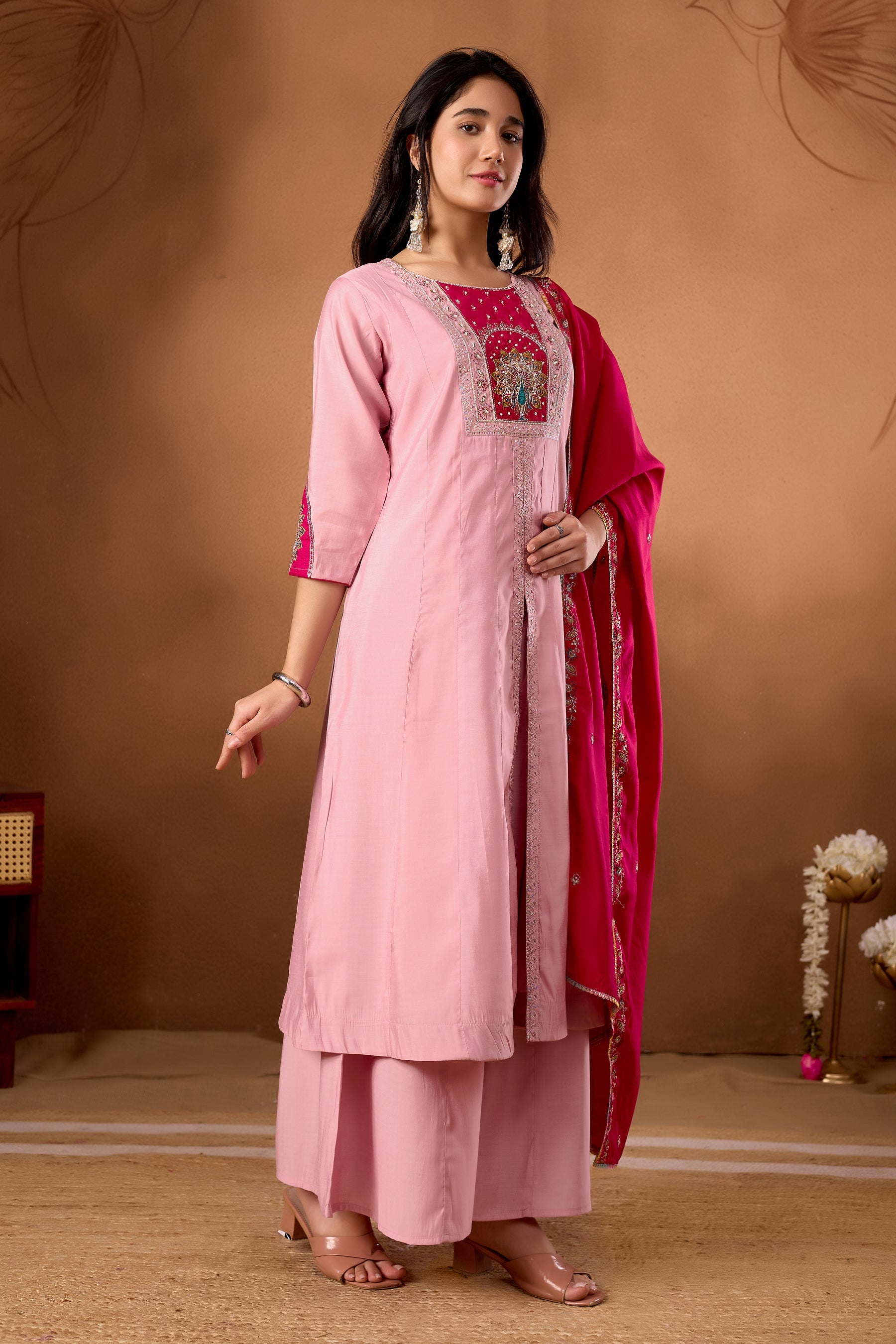 Lorenvalley Fashion Pink Roman Silk Multi Embroidery Thread With Beautiful Hand Work Kurta Palazzo Dupatta | Grocsy