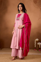 Lorenvalley Fashion Pink Roman Silk Multi Embroidery Thread With Beautiful Hand Work Kurta Palazzo Dupatta | Grocsy