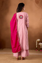 Lorenvalley Fashion Pink Roman Silk Multi Embroidery Thread With Beautiful Hand Work Kurta Palazzo Dupatta | Grocsy